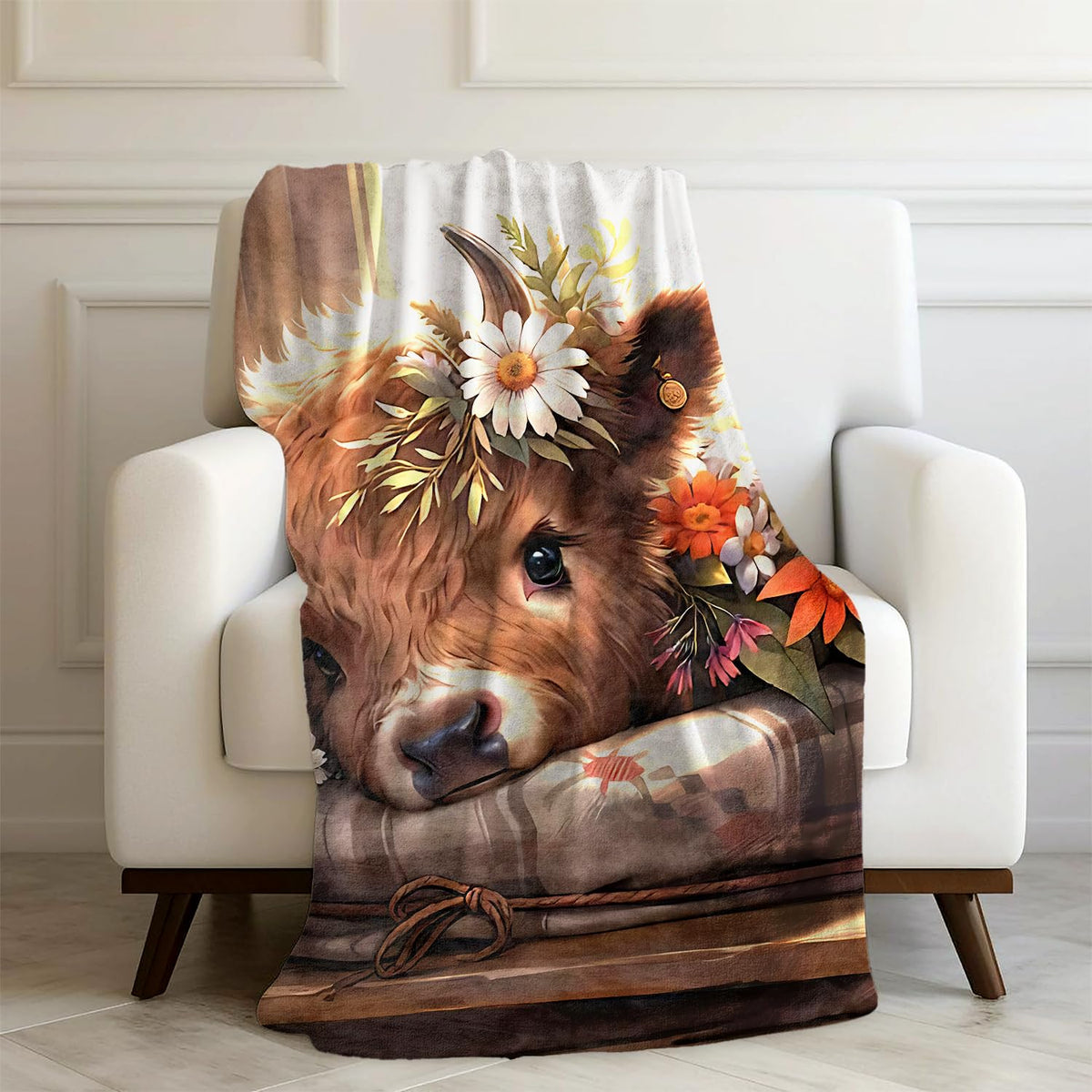 Highland Cow Fleece Throw Blanket 50X60, Cozy Farmhouse Flannel Decor for Couch Bedroom