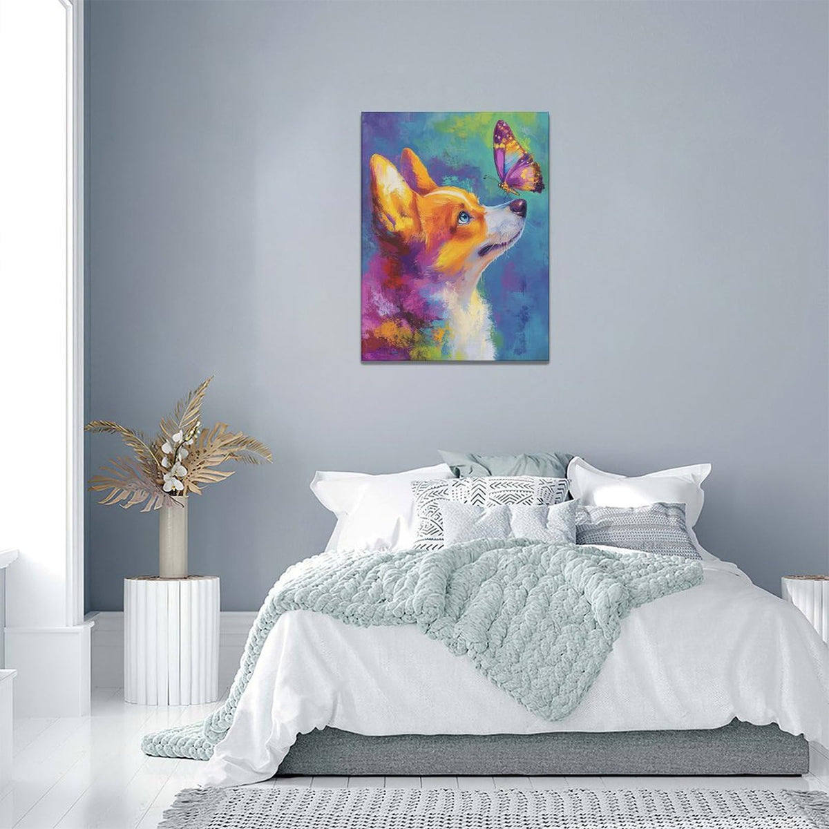 Corgi Kiss Butterfly Wall Art Dog Pictures Wall Decor Dogs Canvas Painting Print Home Modern Artwork Decorations Framed