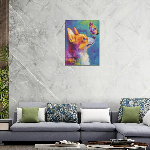 Corgi Kiss Butterfly Wall Art Dog Pictures Wall Decor Dogs Canvas Painting Print Home Modern Artwork Decorations Framed