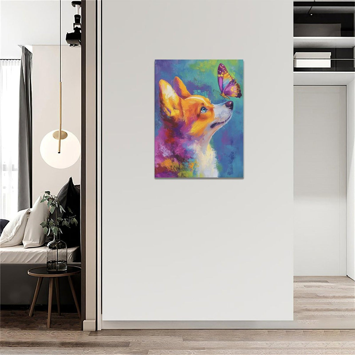 Corgi Kiss Butterfly Wall Art Dog Pictures Wall Decor Dogs Canvas Painting Print Home Modern Artwork Decorations Framed