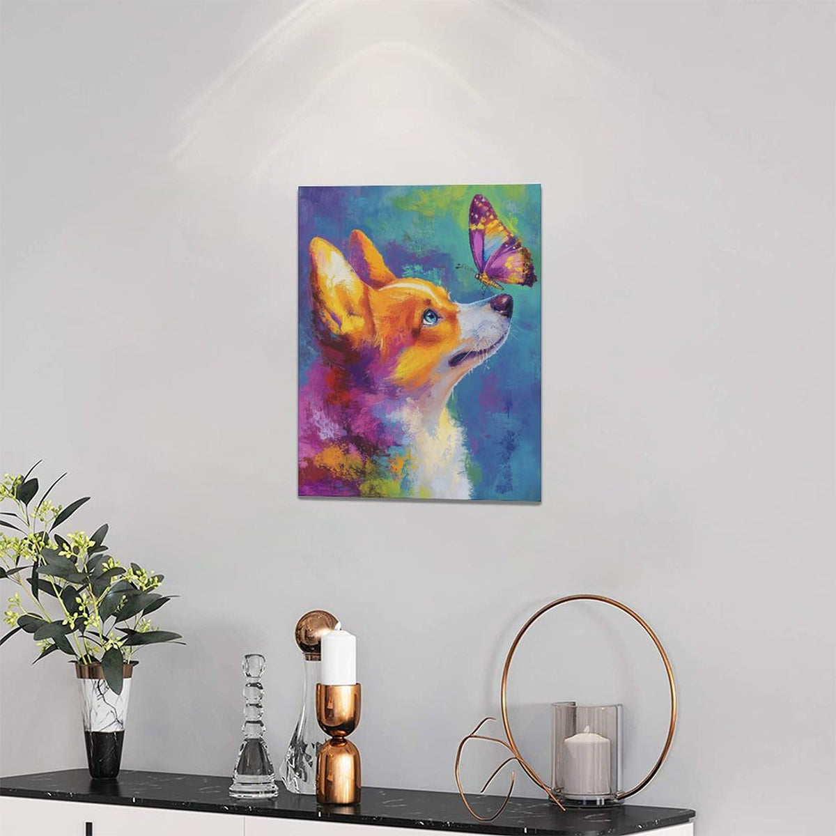 Corgi Kiss Butterfly Wall Art Dog Pictures Wall Decor Dogs Canvas Painting Print Home Modern Artwork Decorations Framed