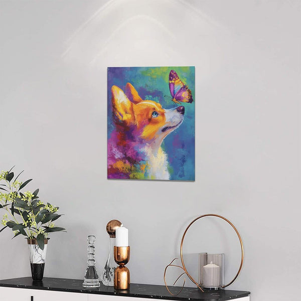 Corgi Kiss Butterfly Wall Art Dog Pictures Wall Decor Dogs Canvas Painting Print Home Modern Artwork Decorations Framed