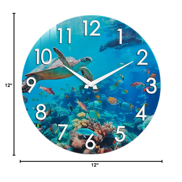 12 Inch Waterproof Outdoor Glass Clock for Patio Pool Garden- Blue Ocean Nautical Beach