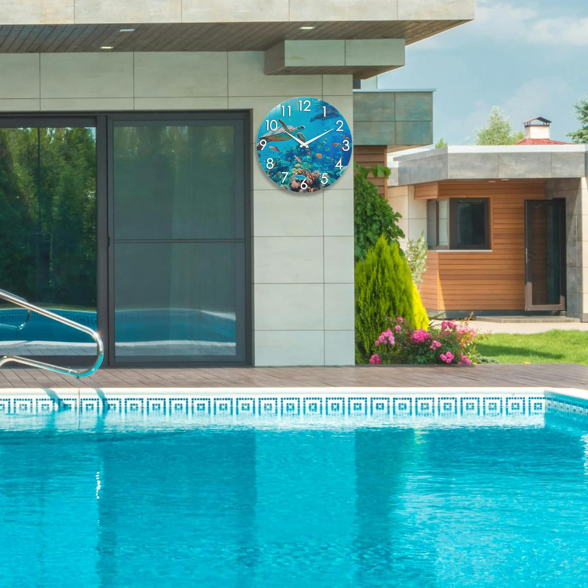 12 Inch Waterproof Outdoor Glass Clock for Patio Pool Garden- Blue Ocean Nautical Beach