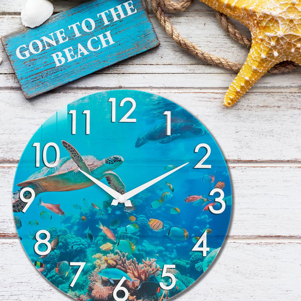 12 Inch Waterproof Outdoor Glass Clock for Patio Pool Garden- Blue Ocean Nautical Beach