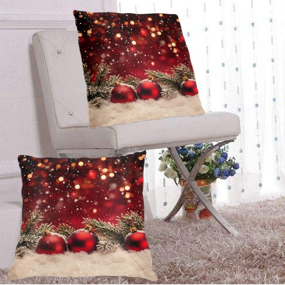 Pillow Covers Red Christmas Ball Glitter Festive Decorative Throw Pillow Case