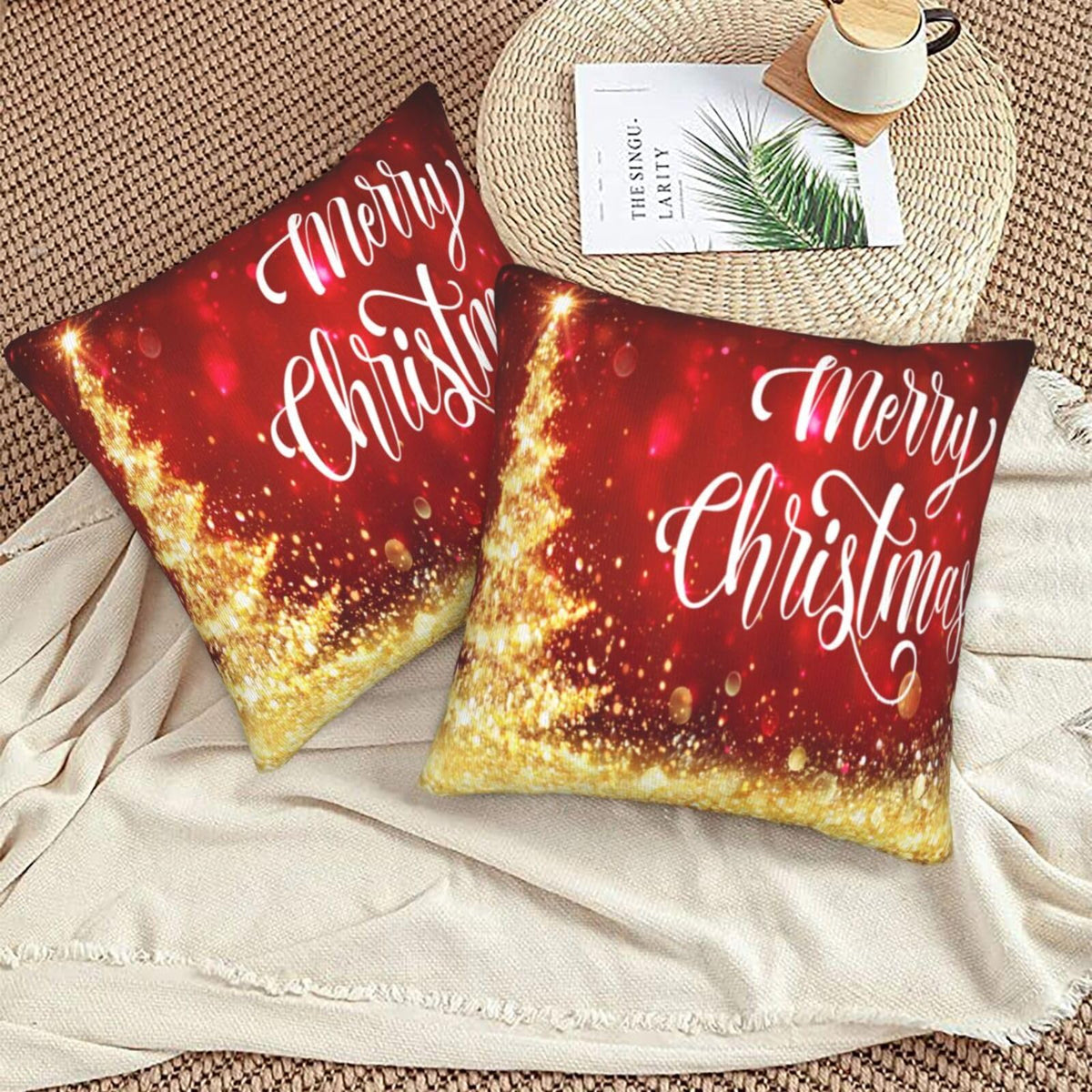 Pillow Covers Merry Christmas Red Gold 2 Set Pillowcases