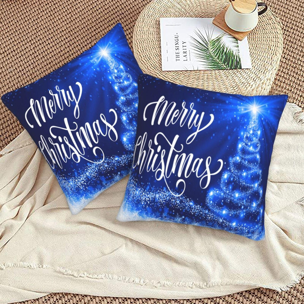 Pillow Covers Merry Christmas Blue Snow Tree Set of 2 Pillowcases