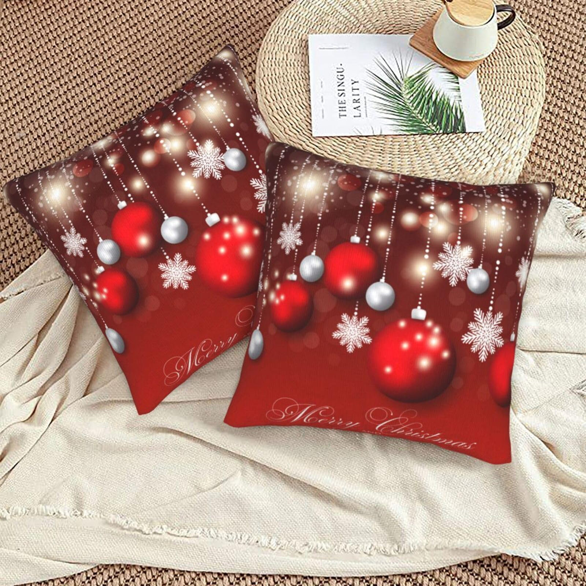Pillow Covers Christmas Red Snowflake Ball Set of 2 Pillowcases Square Cushion Cover Throw Pillows Case