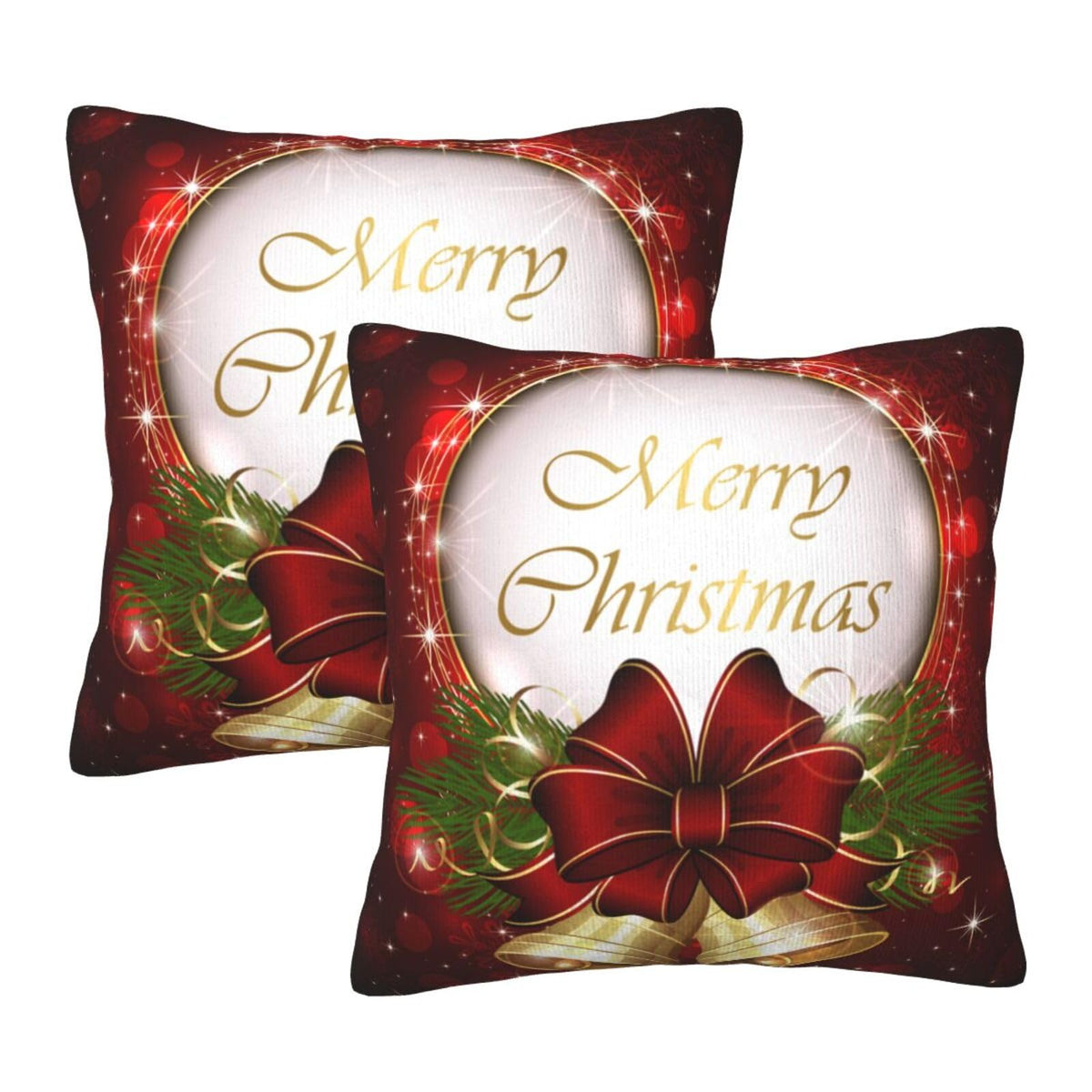 Pillow Covers Merry Christmas Bell Snowflake Set of 2 Pillowcases Square Cushion Cover