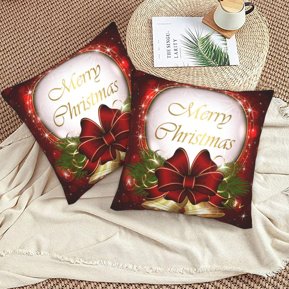 Pillow Covers Merry Christmas Bell Snowflake Set of 2 Pillowcases Square Cushion Cover