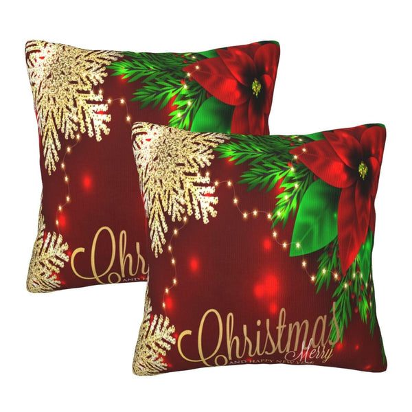 Pillow Covers Poinsettia Gold Snowflake Christmas Xmas Set of 2 Pillowcases Square
