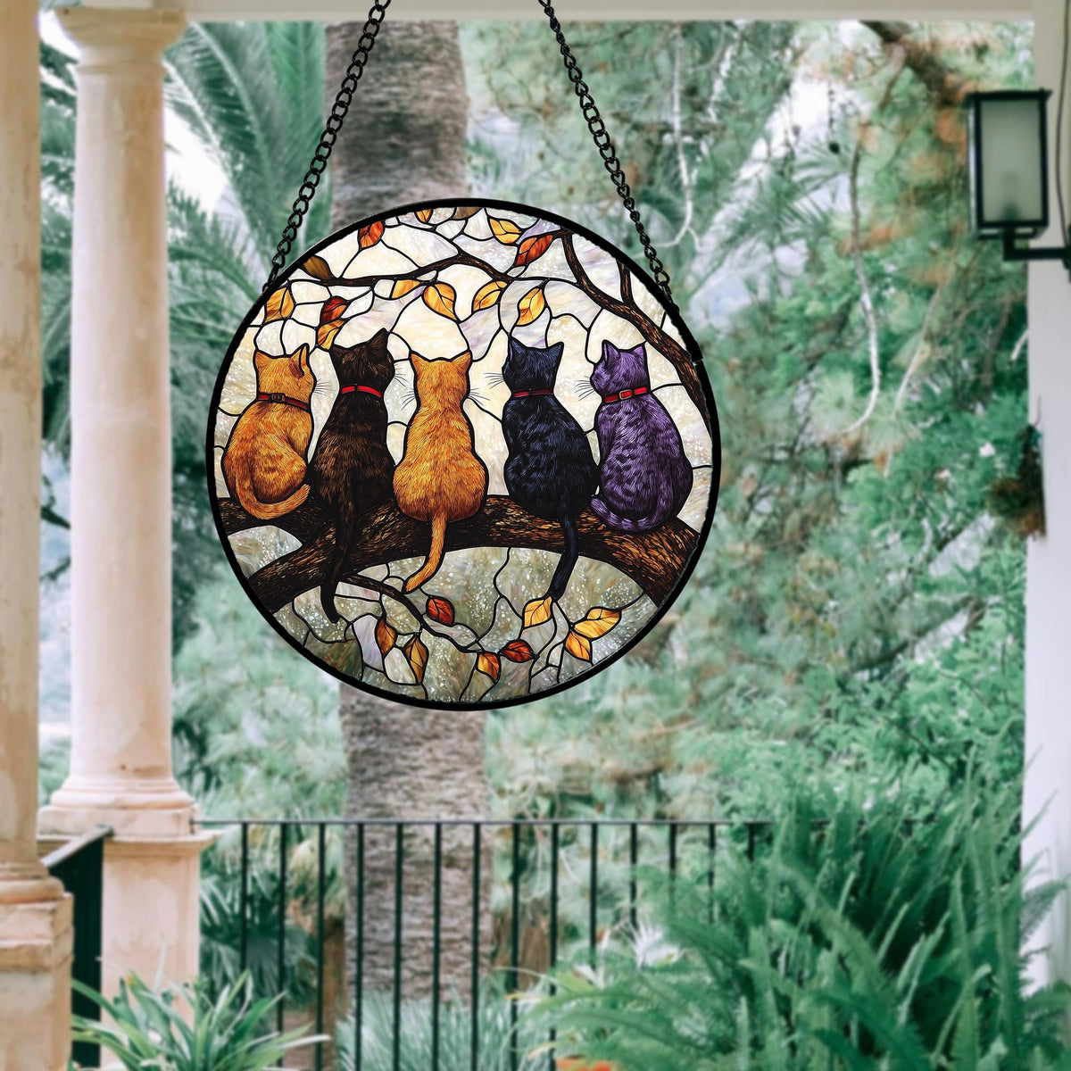Stained Glass Window Hanging - 5 Cats on a Branch Suncatcher for Window Doors Home Decoration and Christmas