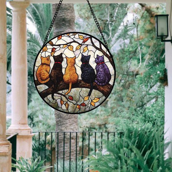Stained Glass Window Hanging - 5 Cats on a Branch Suncatcher for Window Doors Home Decoration and Christmas