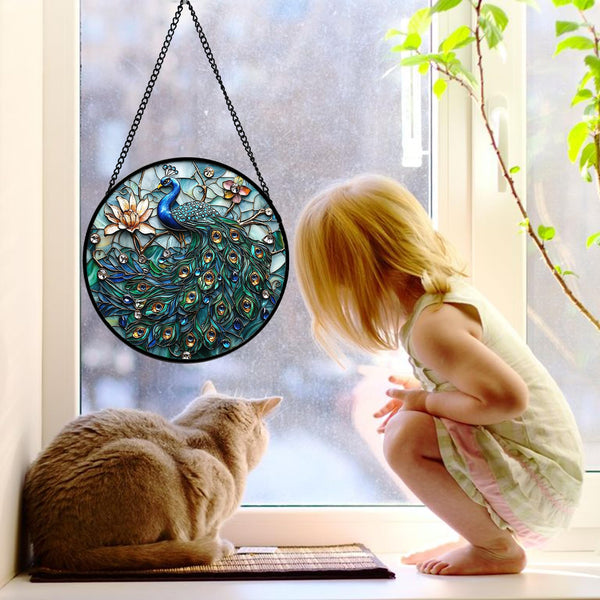 Stained Glass Window Hanging, Blue Peacock Decoration Suncatcher for Door Garden Home Flower Bird Sun Catchers