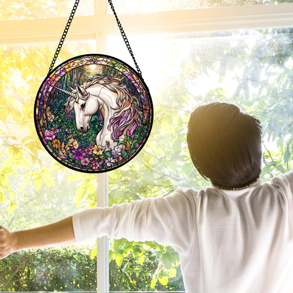 Stained Glass Window Hanging, Unicorn Flowers Suncatcher for Doors Home Sun Catchers Decoration and Christmas