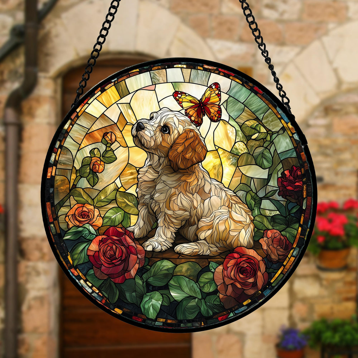 Stained Glass Window Hanging, Cute Dog and Flowers Suncatcher for Doors Home Butterfly Sun Catchers Decoration and Christmas