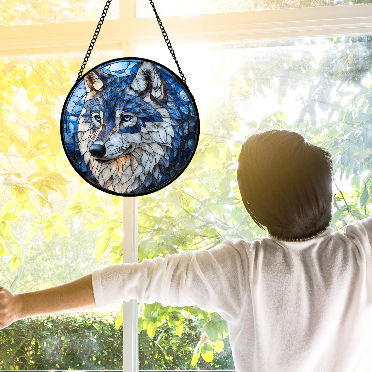 Stained Glass Window Hanging Funny Wolf Suncatcher Ready to Hang Window Doors Home Decoration and Christmas
