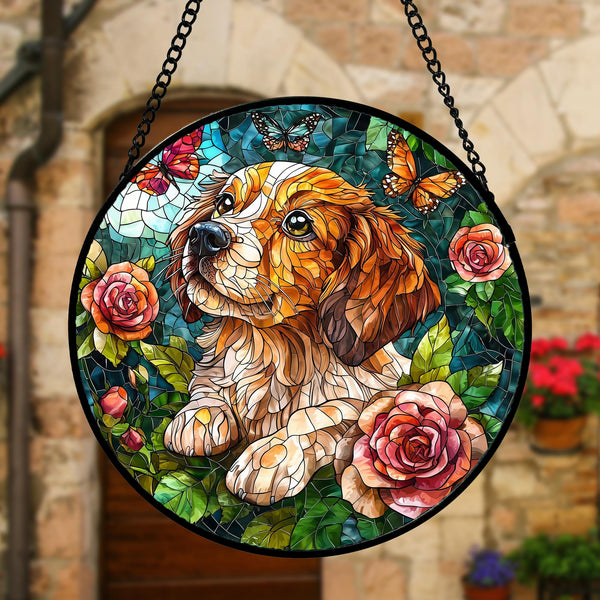 Stained Glass Window Hanging, Dog and Rose Suncatcher for Doors Home Butterfly Sun Catchers Decoration and Christmas