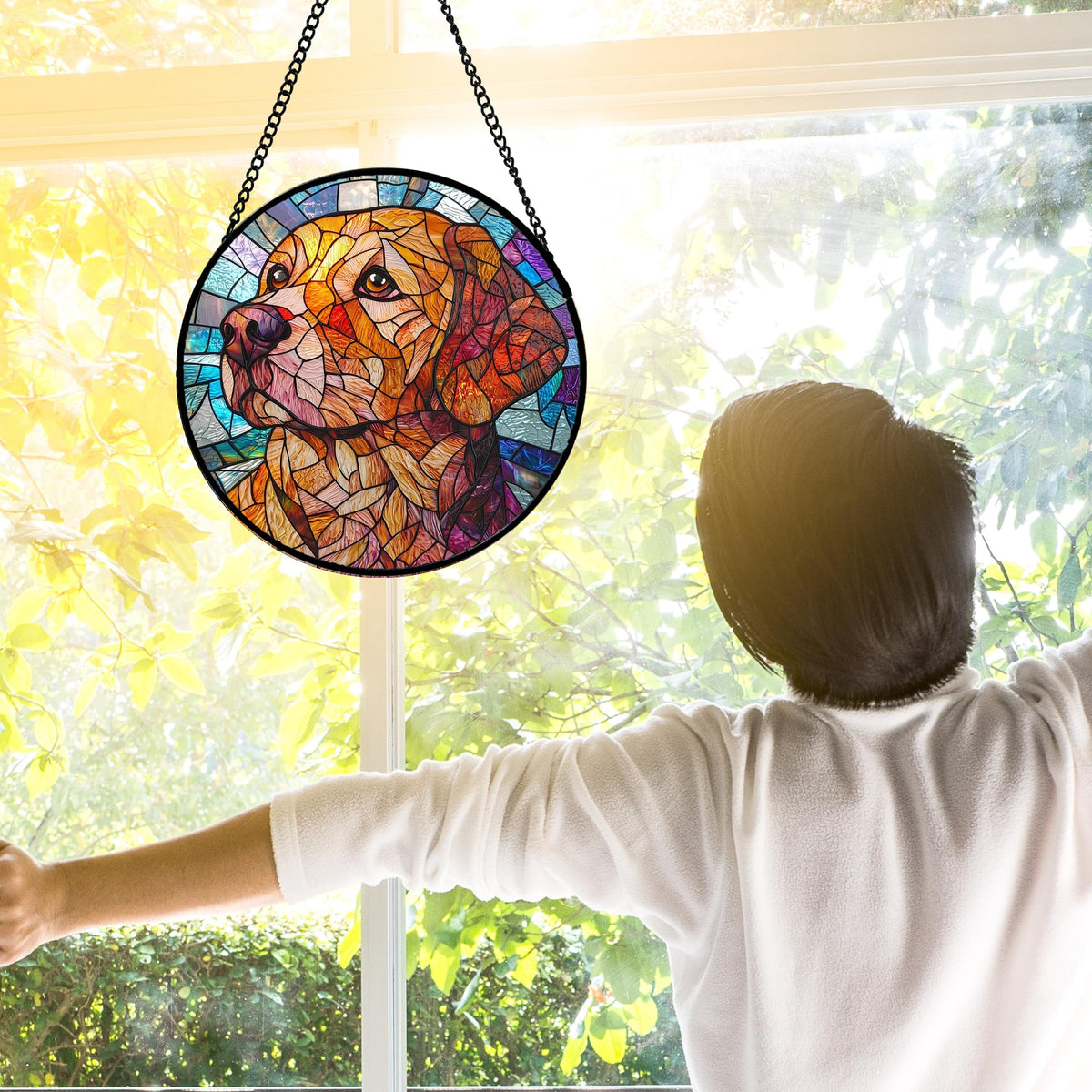 Stained Glass Window Hanging, Cute Dog Abstract Sun Catchers Colorful Glass Panel Texture Suncatcher Decor for Birthday for Women