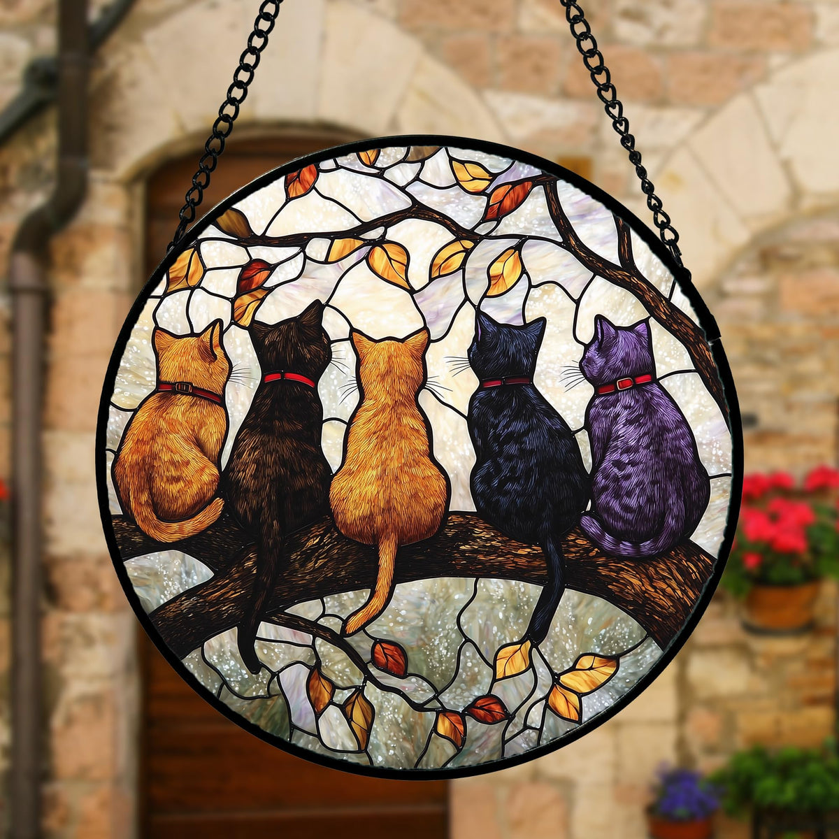 Stained Glass Window Hanging - 5 Cats on a Branch Suncatcher for Window Doors Home Decoration and Christmas
