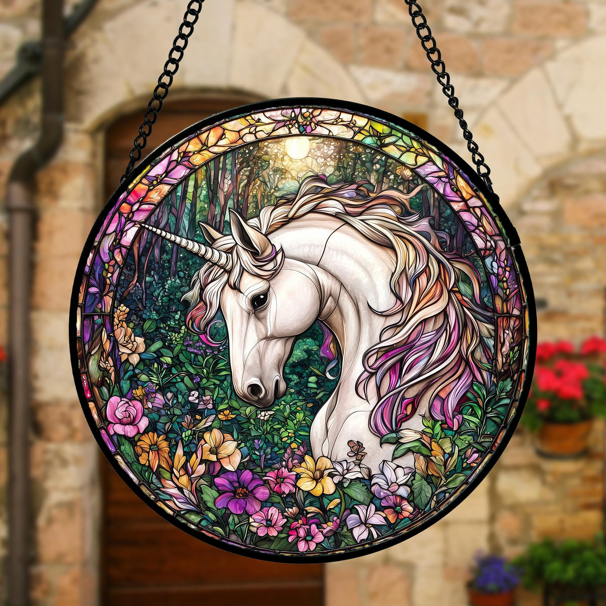 Stained Glass Window Hanging, Unicorn Flowers Suncatcher for Doors Home Sun Catchers Decoration and Christmas