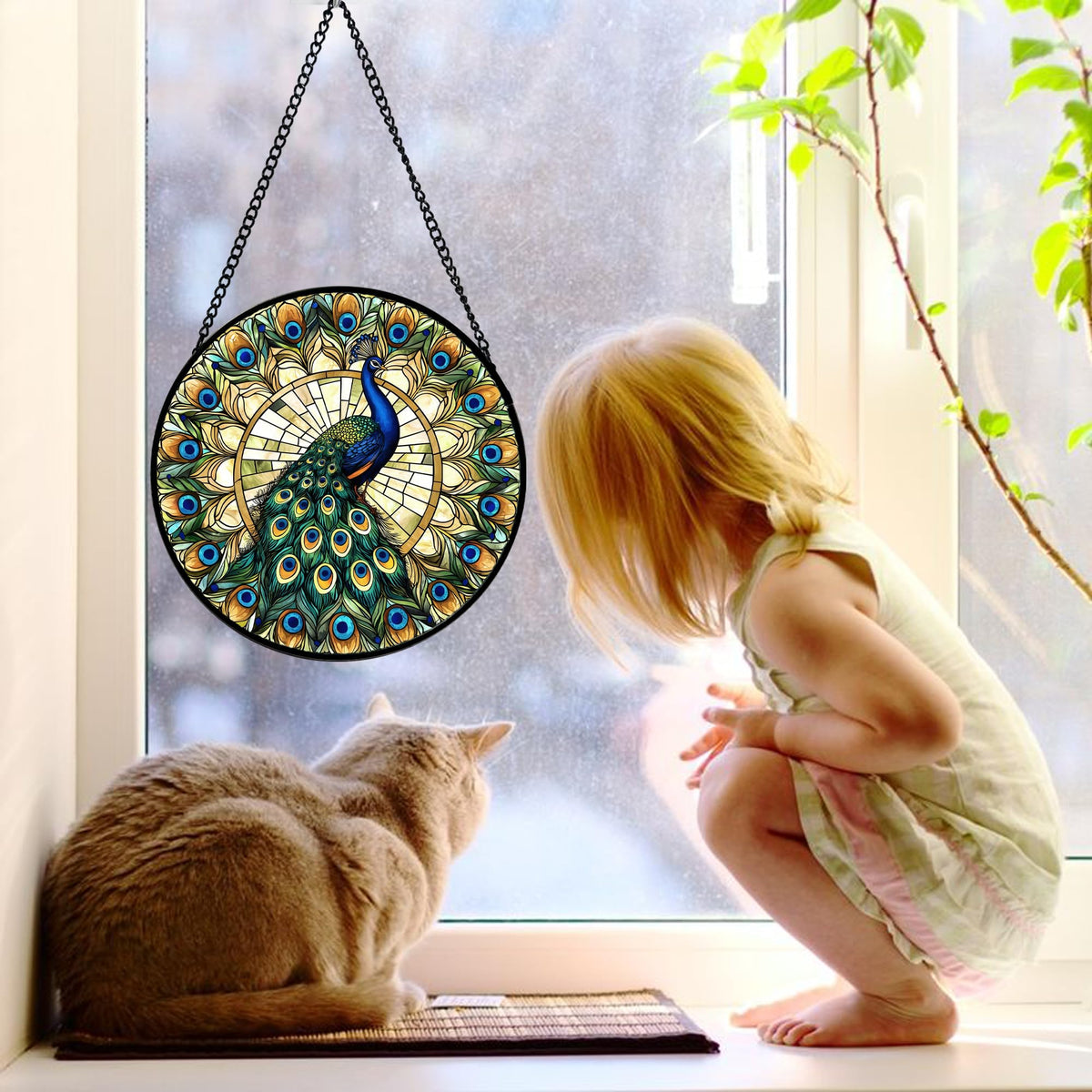 Stained Glass Window Hanging Retro Peacock Decoration Suncatcher for Door Garden Home Bird Feather Sun Catchers