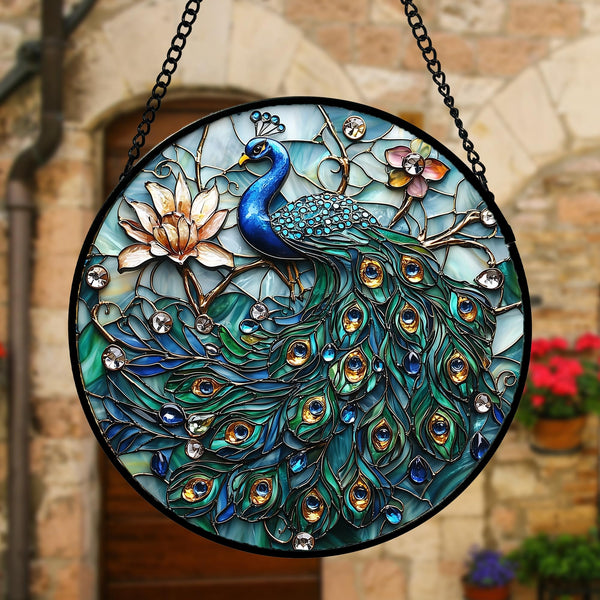 Stained Glass Window Hanging, Blue Peacock Decoration Suncatcher for Door Garden Home Flower Bird Sun Catchers