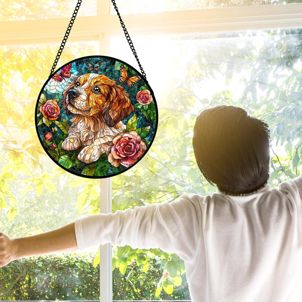 Stained Glass Window Hanging, Dog and Rose Suncatcher for Doors Home Butterfly Sun Catchers Decoration and Christmas