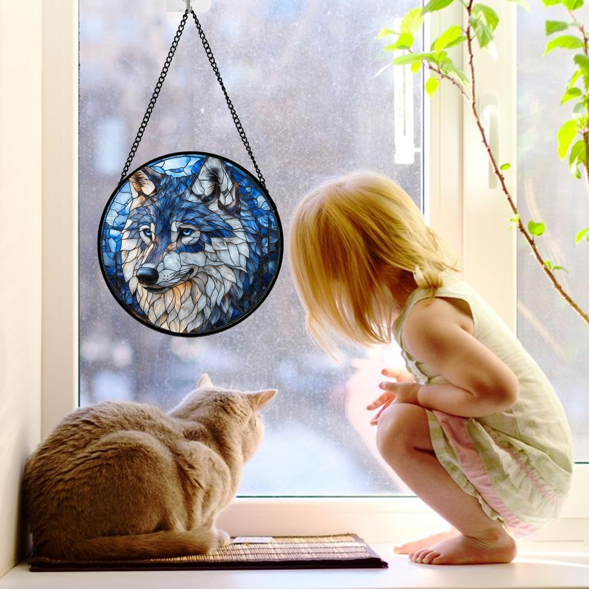 Stained Glass Window Hanging Funny Wolf Suncatcher Ready to Hang Window Doors Home Decoration and Christmas