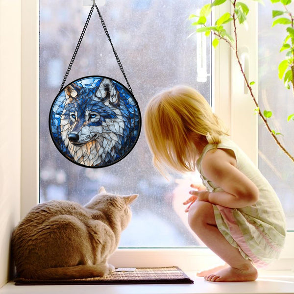 Stained Glass Window Hanging Funny Wolf Suncatcher Ready to Hang Window Doors Home Decoration and Christmas