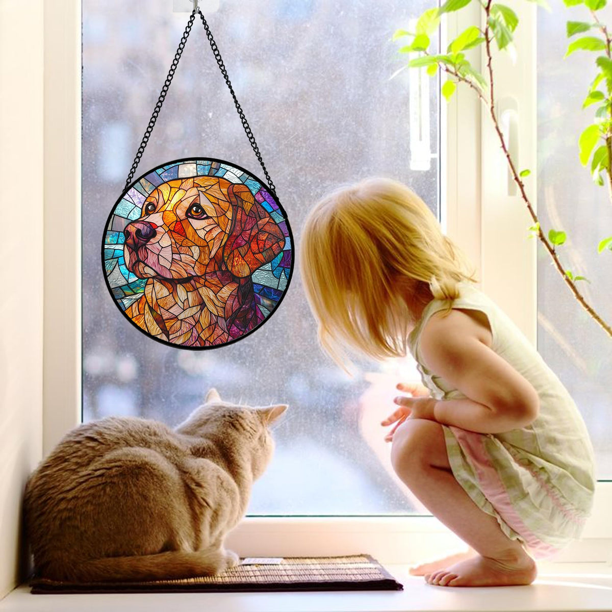 Stained Glass Window Hanging, Cute Dog Abstract Sun Catchers Colorful Glass Panel Texture Suncatcher Decor for Birthday for Women