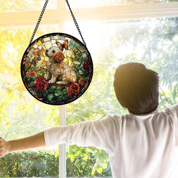 Stained Glass Window Hanging, Cute Dog and Flowers Suncatcher for Doors Home Butterfly Sun Catchers Decoration and Christmas