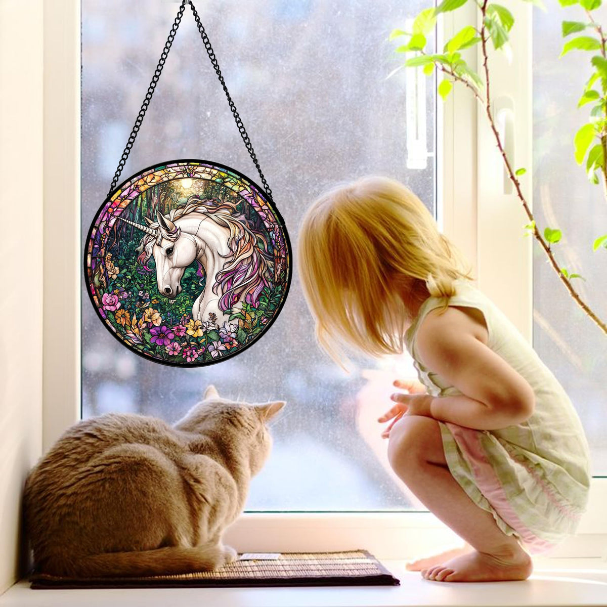 Stained Glass Window Hanging, Unicorn Flowers Suncatcher for Doors Home Sun Catchers Decoration and Christmas