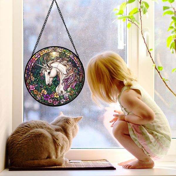 Stained Glass Window Hanging, Unicorn Flowers Suncatcher for Doors Home Sun Catchers Decoration and Christmas