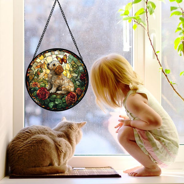 Stained Glass Window Hanging, Cute Dog and Flowers Suncatcher for Doors Home Butterfly Sun Catchers Decoration and Christmas