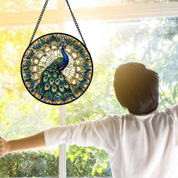 Stained Glass Window Hanging Retro Peacock Decoration Suncatcher for Door Garden Home Bird Feather Sun Catchers