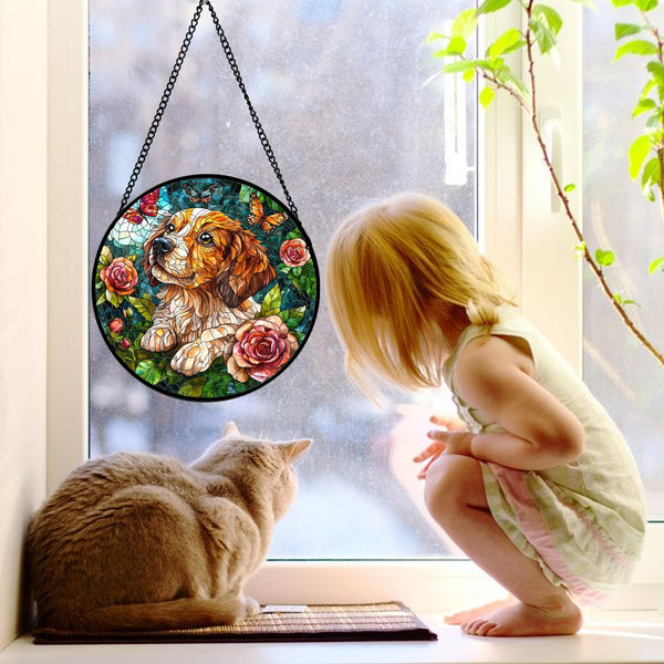 Stained Glass Window Hanging, Dog and Rose Suncatcher for Doors Home Butterfly Sun Catchers Decoration and Christmas