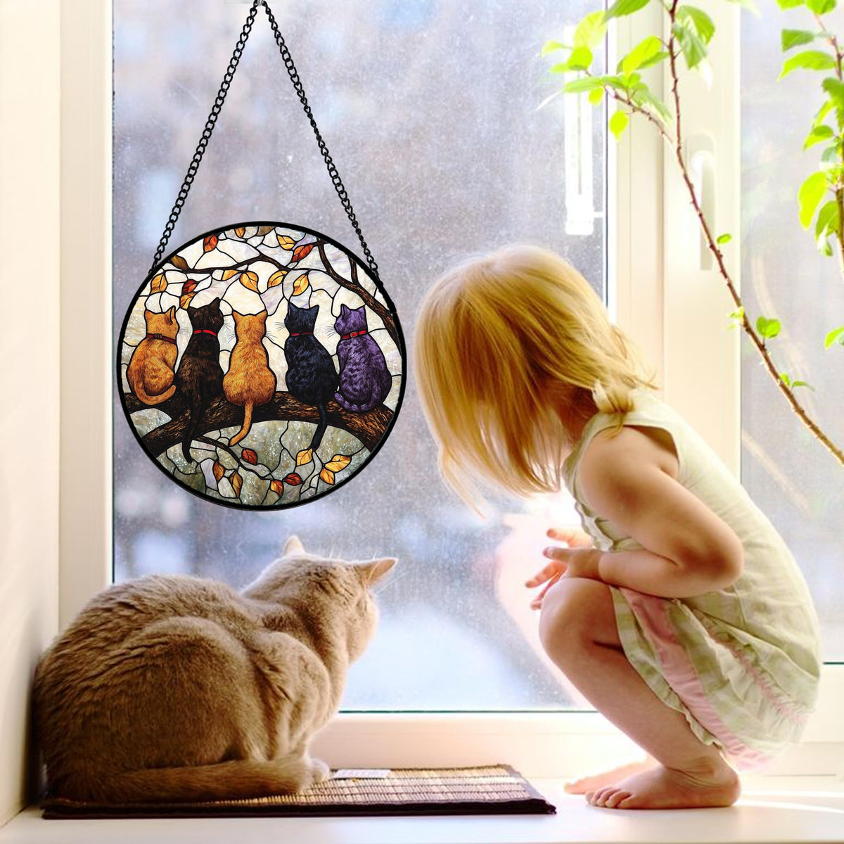 Stained Glass Window Hanging - 5 Cats on a Branch Suncatcher for Window Doors Home Decoration and Christmas