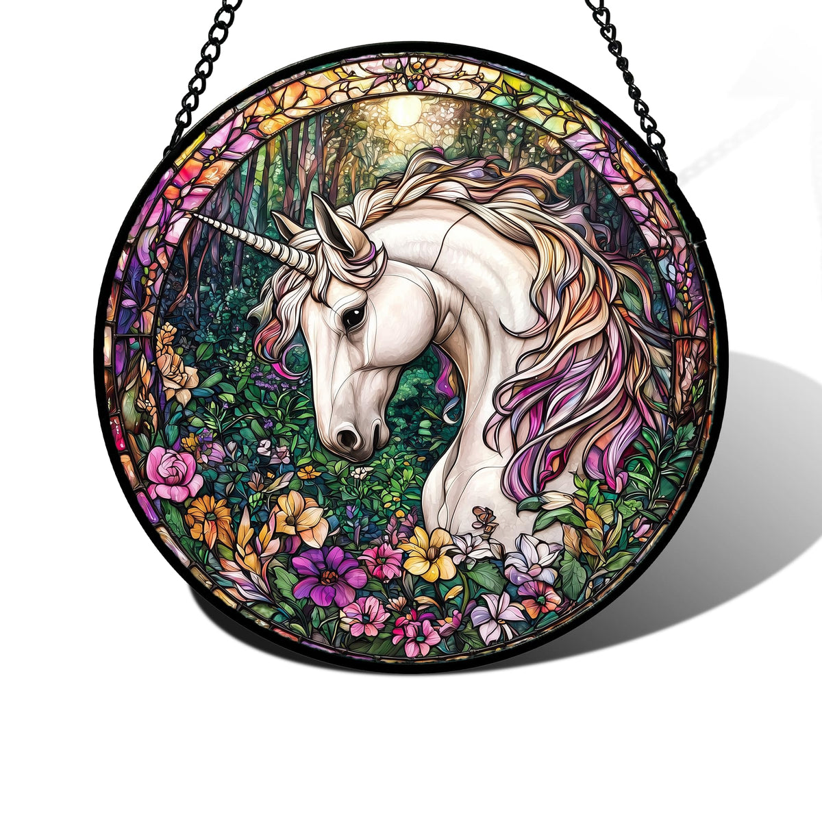 Stained Glass Window Hanging, Unicorn Flowers Suncatcher for Doors Home Sun Catchers Decoration and Christmas
