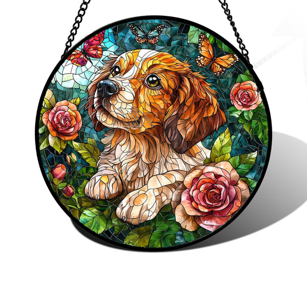 Stained Glass Window Hanging, Dog and Rose Suncatcher for Doors Home Butterfly Sun Catchers Decoration and Christmas