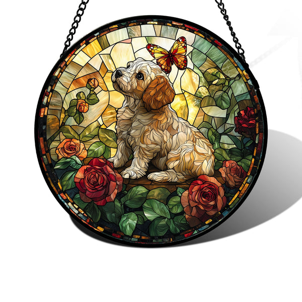 Stained Glass Window Hanging, Cute Dog and Flowers Suncatcher for Doors Home Butterfly Sun Catchers Decoration and Christmas