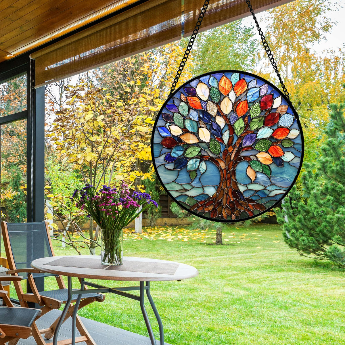 Stained Glass Window Hanging, Colorful Tree of Life Sun Catchers Glass Panel Blue Suncatcher Decor