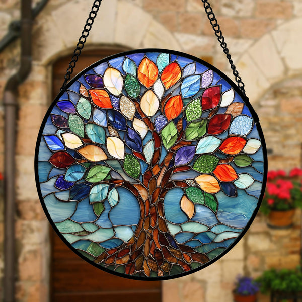 Stained Glass Window Hanging, Colorful Tree of Life Sun Catchers Glass Panel Blue Suncatcher Decor