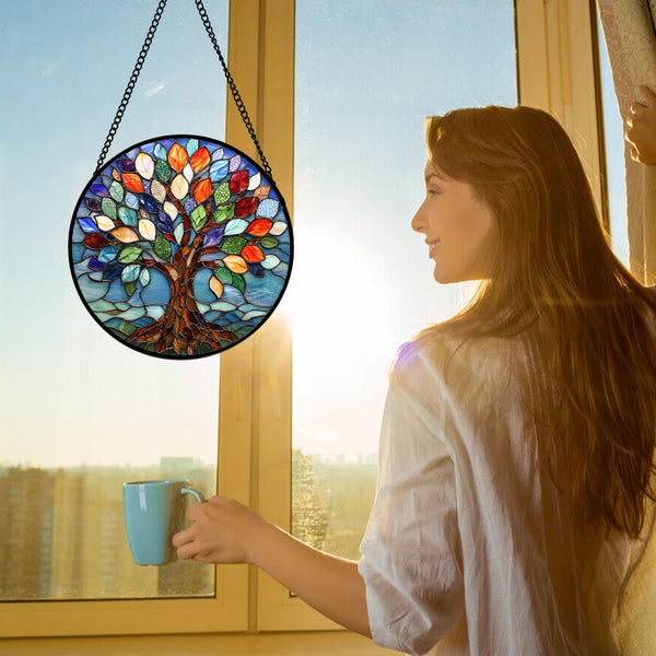 Stained Glass Window Hanging, Colorful Tree of Life Sun Catchers Glass Panel Blue Suncatcher Decor
