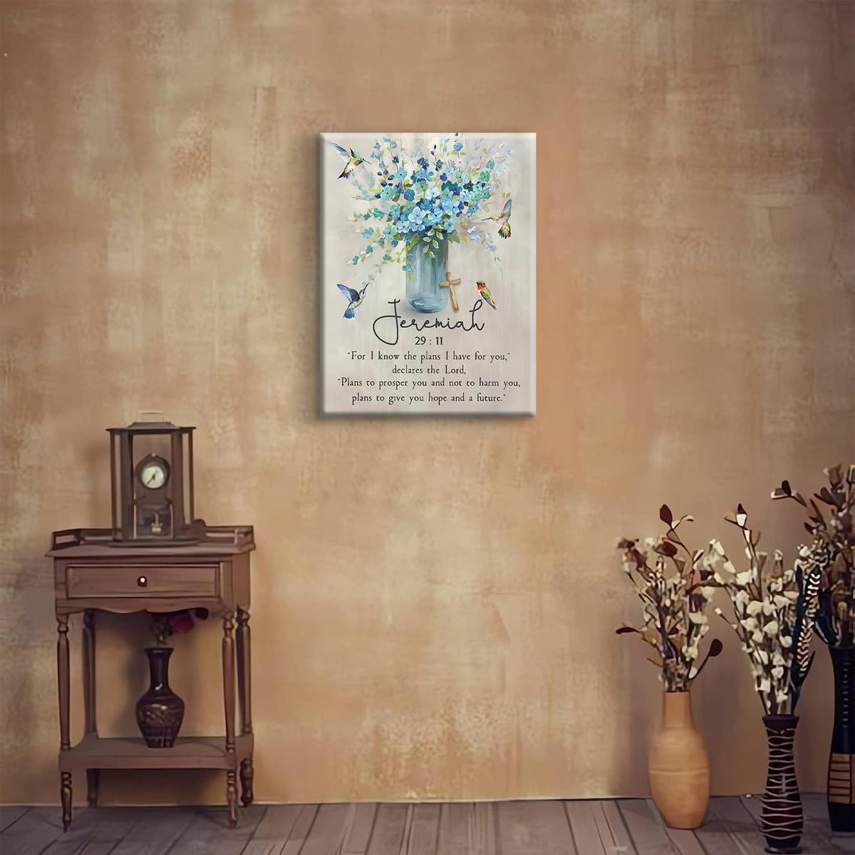 Scripture Canvas Wall Art Wall Decor Painting Print Blue Farmhouse Hummingbird Picture Living Room Art Ready to Hang