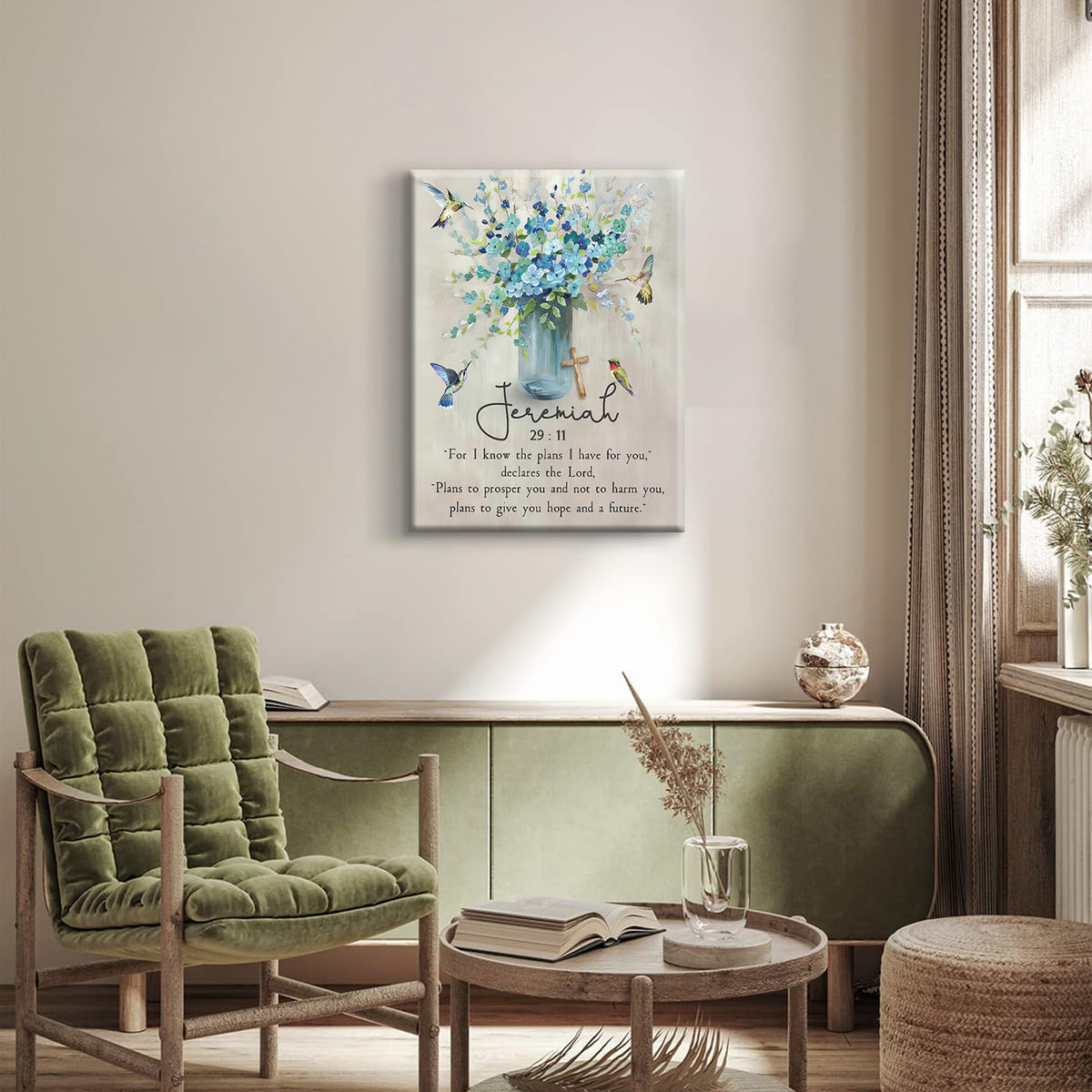 Scripture Canvas Wall Art Wall Decor Painting Print Blue Farmhouse Hummingbird Picture Living Room Art Ready to Hang