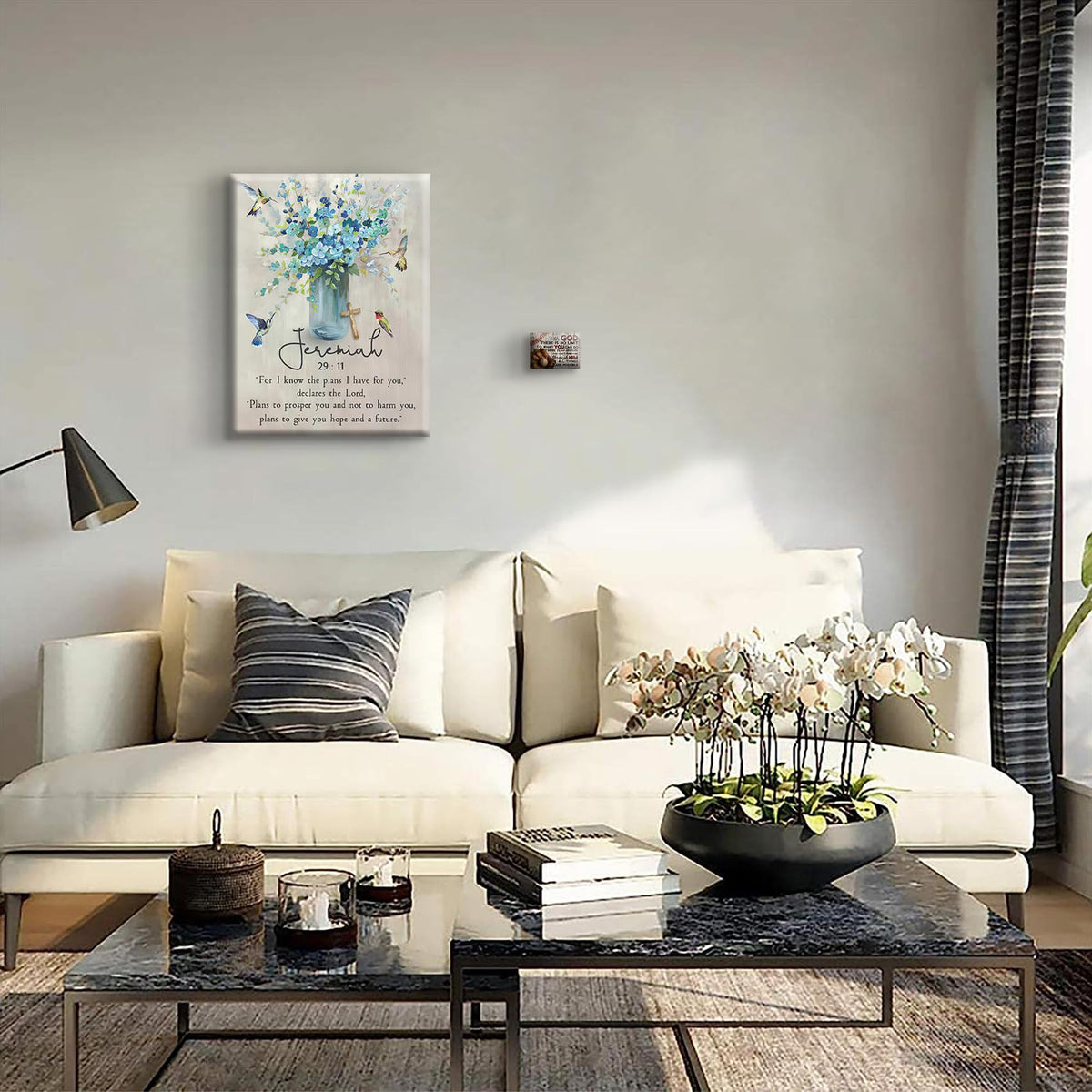 Scripture Canvas Wall Art Wall Decor Painting Print Blue Farmhouse Hummingbird Picture Living Room Art Ready to Hang