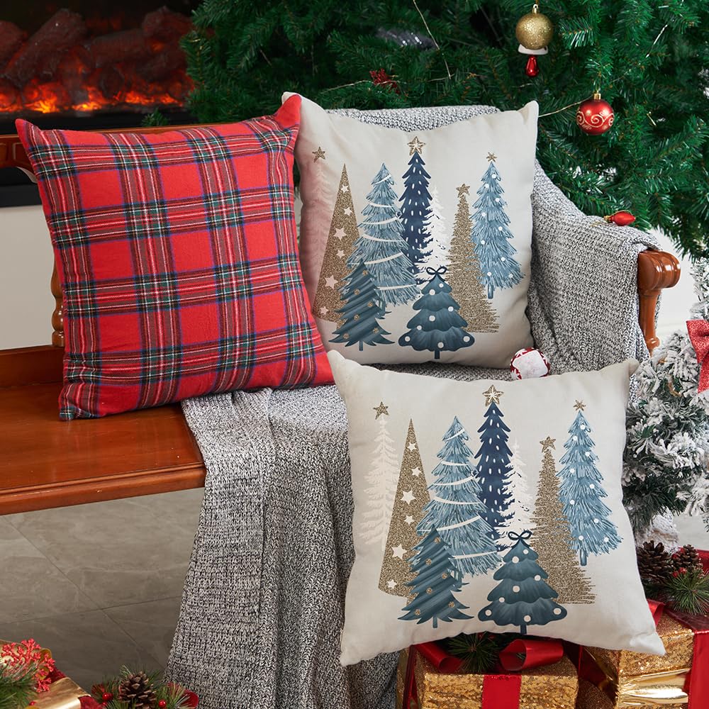 Christmas Pillow Covers 18x18 Inch Set of 2 Xmas Tree Decorative Throw Pillows