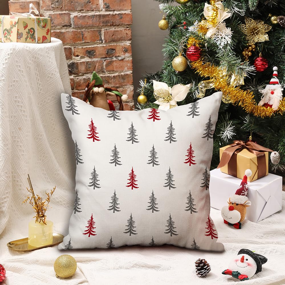 Soft Velvet Christmas Pillow Covers 18x18 inch Set of 2 Red and Gray Christmas Tree Decorative